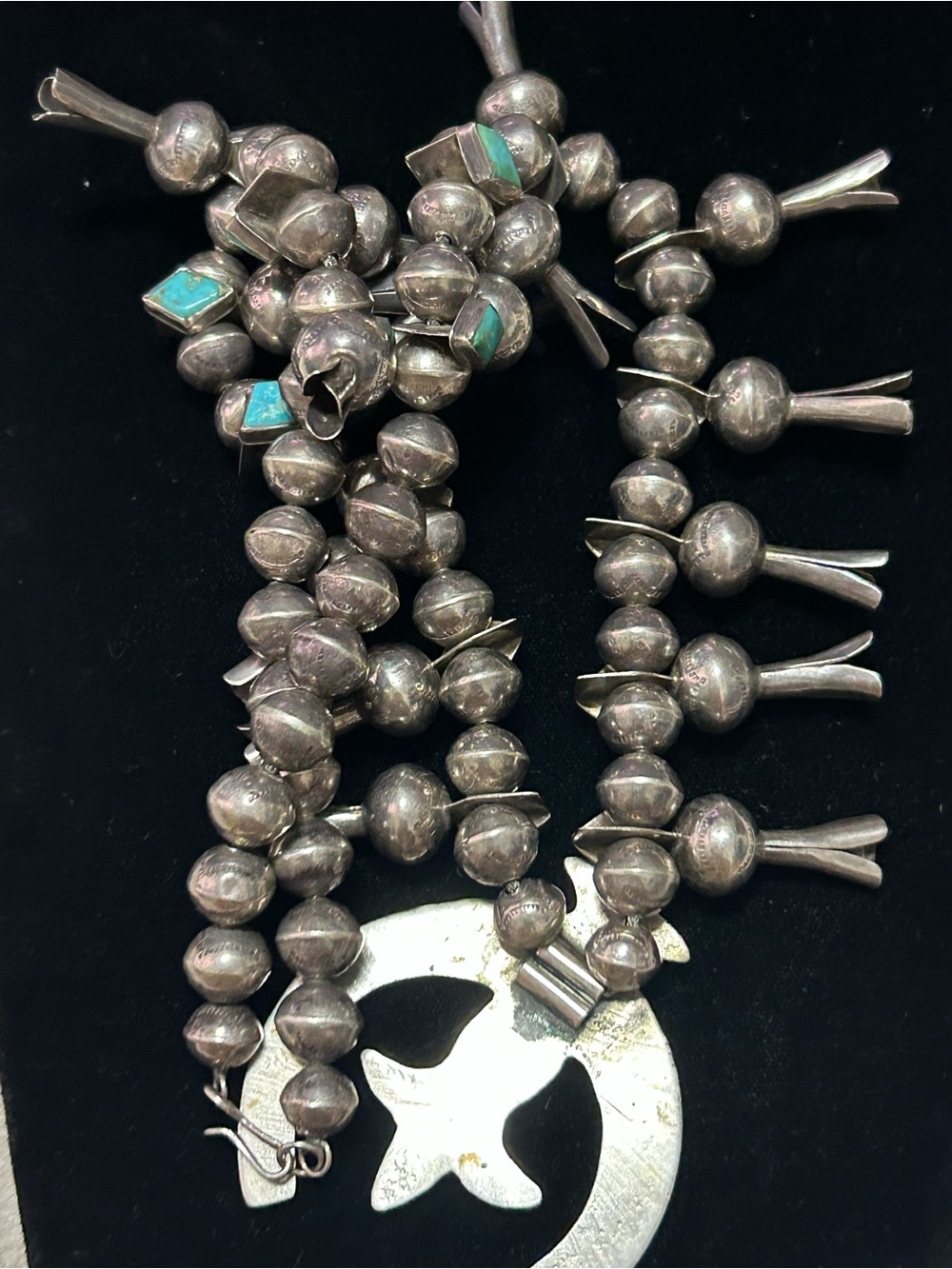 Vintage unisex sterling silver turquoise squash blossoms necklace 24-25” - Picture 9 of 16